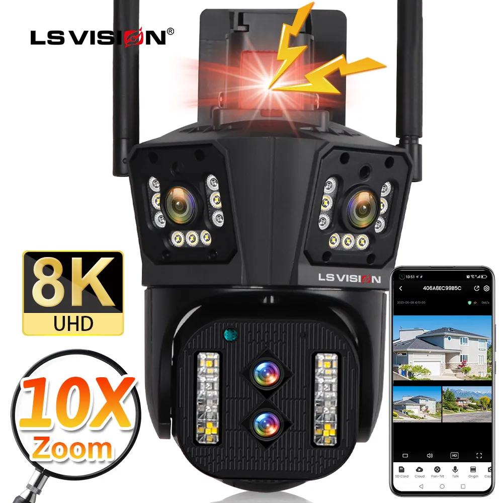 LS VISION 8K WiFi Camera Outdoor 10X Zoom Surveillance Four Lens Three Screen Security Camera Video CCTV AI Tracking Wide Angle