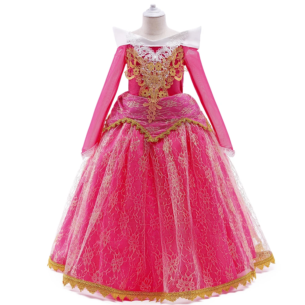 
Classic Princess Dress Long Sleeve Strapless collar Pink Vintage Ruffle Fashion Lace Girls Dresses with wholesale price 