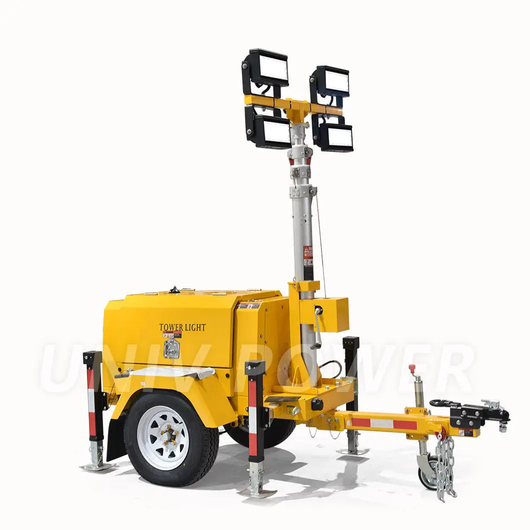 7m 9m mast 4x1000W Towable Mobile Light tower with 5kw 10kw Diesel Generator