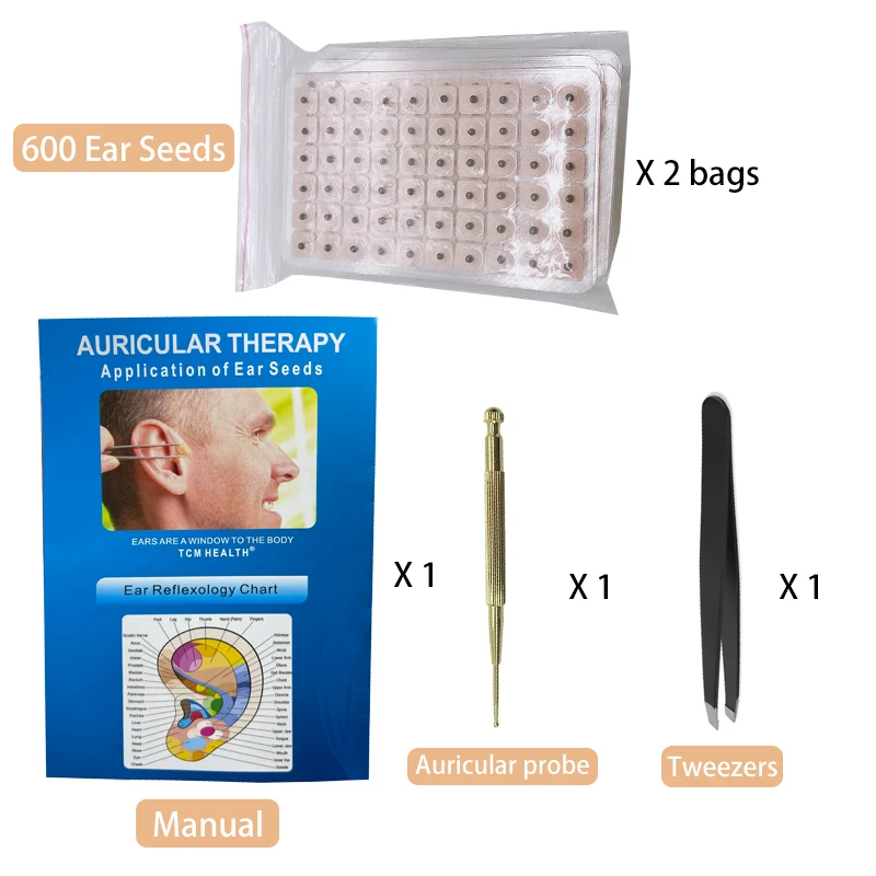Multi-Condition Ear Seeds Acupuncture Kit with Acupuncture Ear Seeds 1200Pcs, Acupuncture Pen and  Probe Pen, Ear Chart