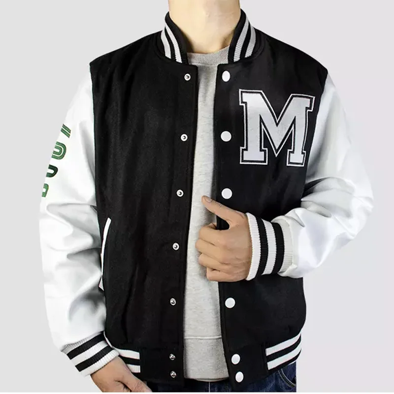2022 Wholesale Men Custom Cotton Fleece Baseball Jacket Letterman Blank Hooded Varsity Jacket Leather Sleeves OEM Logos