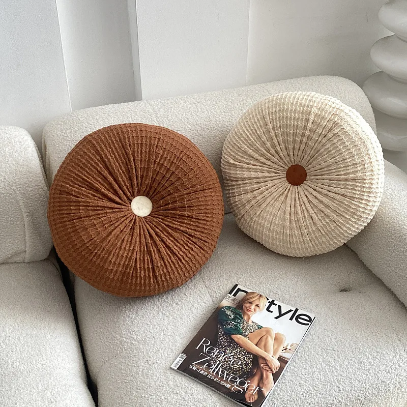 Decorative 3D Pumpkin Round Throw Pillow Velvet Pleated Sofa Pillow Cushion for Couch Chair Bed Car Home Decoration