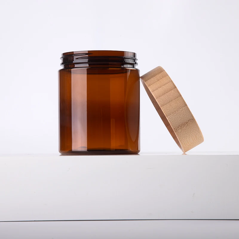8oz 16oz 250mL 500mL frosted bamboo products amber clear pet plastic body butter cosmetic cream containers jar with bamboo lid