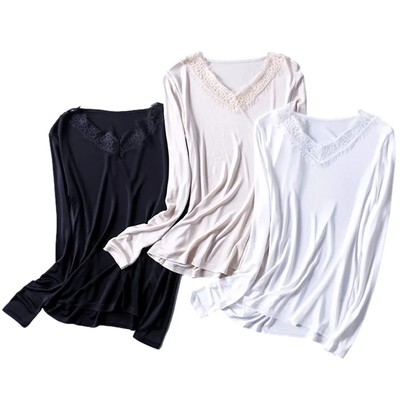 Women Mulberry silk V neck thermal underwear thin basic matching underwear
