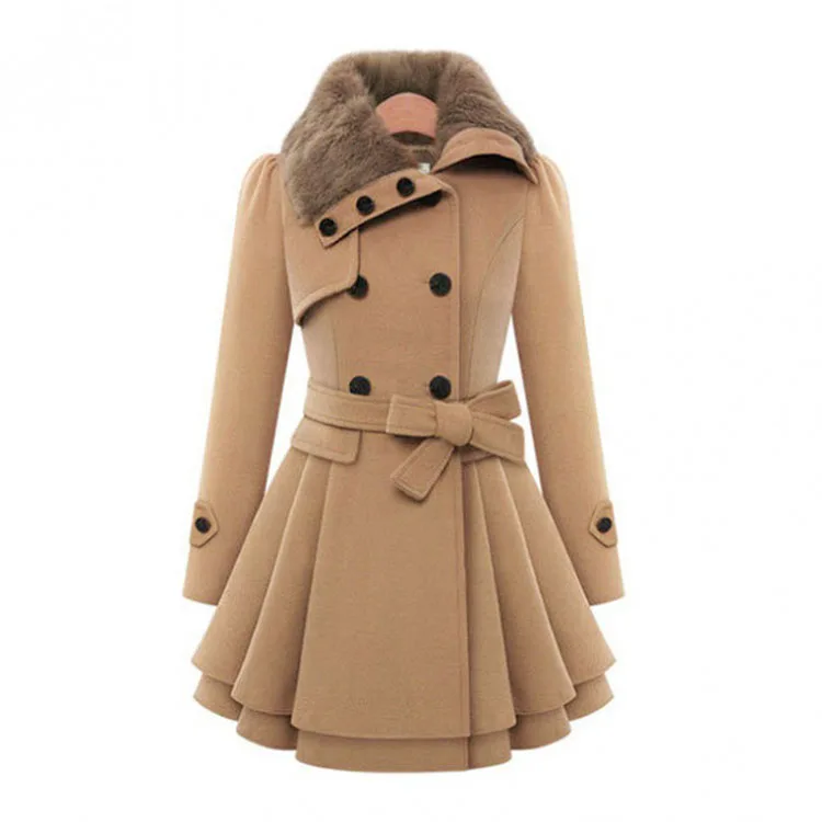 
Fashion female Fur Collar design warm long plus size double breast button belt sur collar winter coat for women 