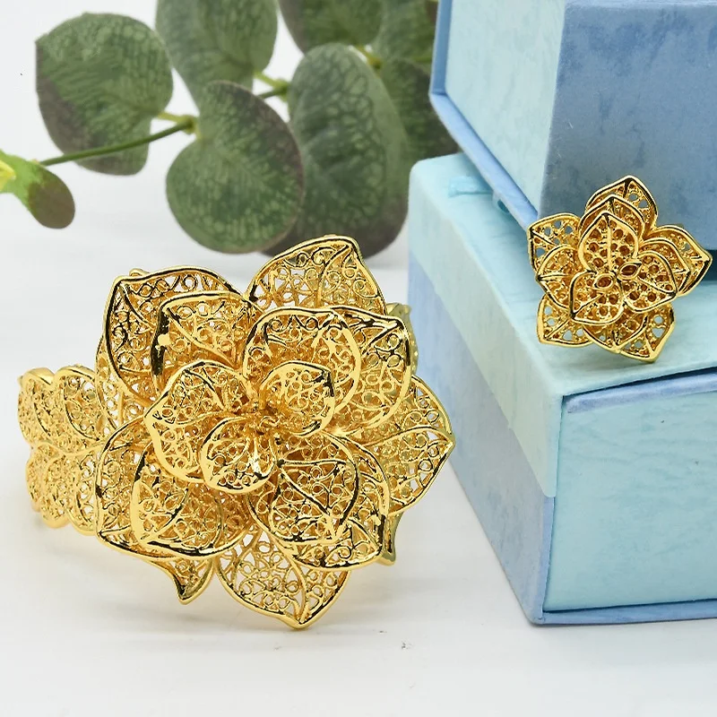 France Luxury Chain Cuff Bangle & Ring For Women Dubai Gold Color Indian Moroccan Big Bracelet Jewelry Arabic Wedding