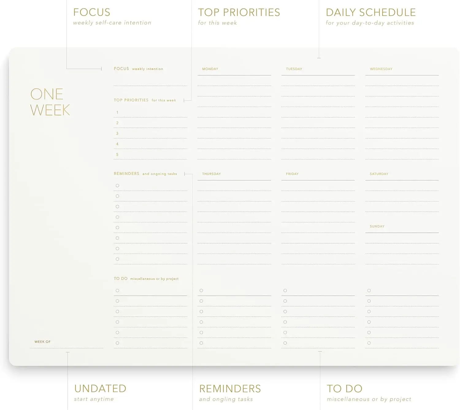 Elegant Undated Weekly Desk Planner, Gold Foiled, A4, Minimalist Weekly To Do List Notepad, Daily Schedule, Week Planner Pad