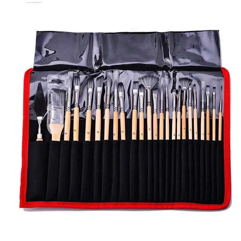 Hot Selling Artist Nylon Paint Brush Set 24pcs Wooden Handle Acrylic Painting Brushes for Watercolor Acrylic Oil Painting