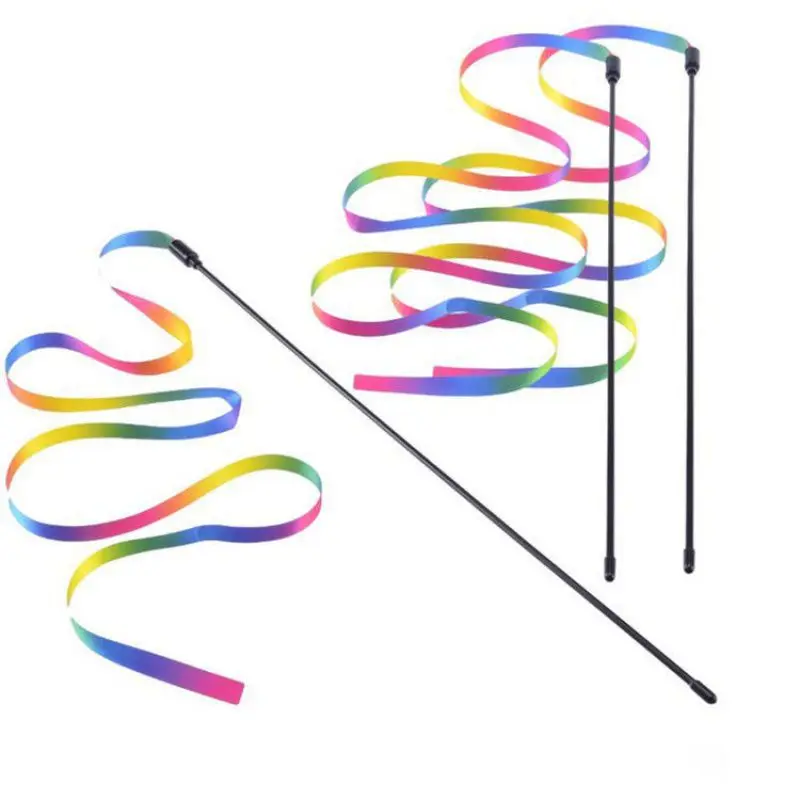 Double-sided rainbow webbing cat-teasing stick Cross border rainbow webbing cat toy dog Internet star cat-teasing stick relief