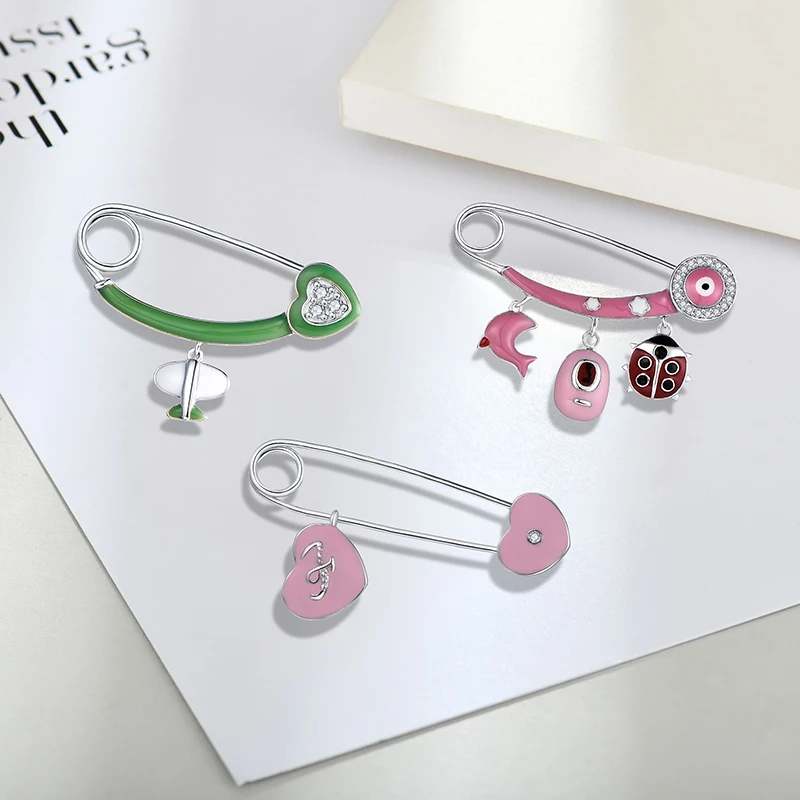 Children Kids 925 Sterling Silver Crystal Brooch Rhinestone Pink Enamel Heart Shape Brooch For Child