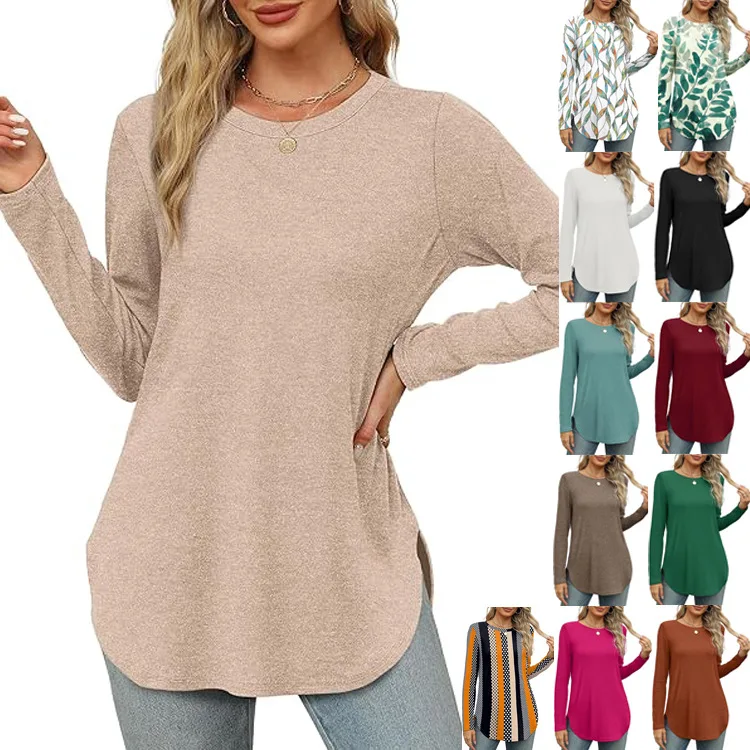 long sleeve t shirt woman cotton black ladies plus size tops beautiful tops for ladies Crew-neck loose casual base shirt