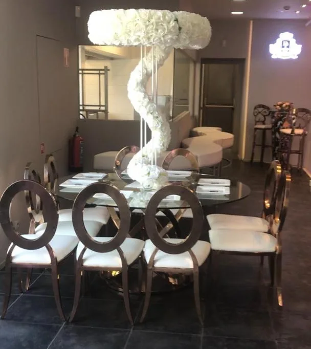 Hotel banquet event furniture gold stainless steel legs clear glass top wedding table