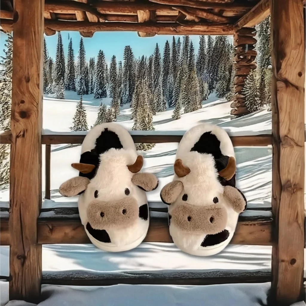 Home Cartoon Cow Cotton Slippers Indoor Outdoor Slippers For Women Men Fuzzy Cute Cow Slides Warm Cozy Animal Fluffy Shoes