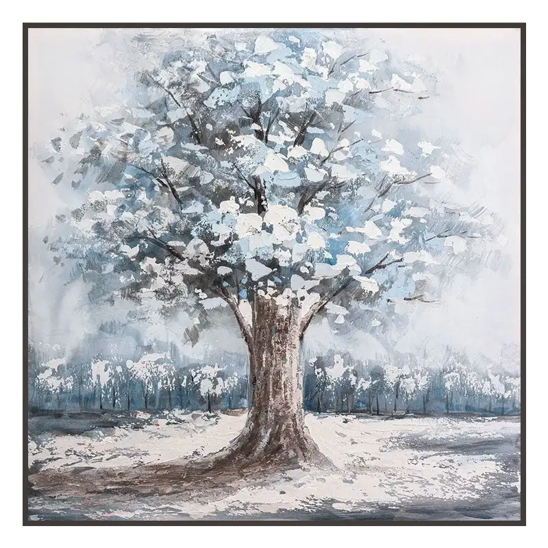 Handpainted White and Blue Square Winter Tree Nature Painting for Wall Decoration for Hotel Decor
