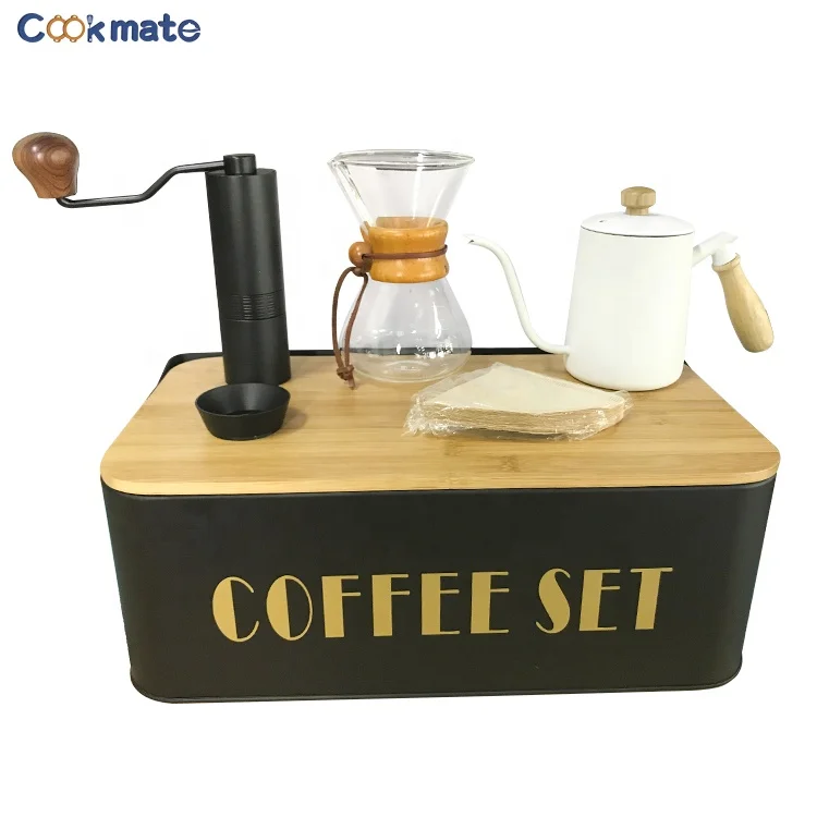 Cookmate luxury metal box V60 hand drip coffee maker grinder gift set coffee table set with U handle