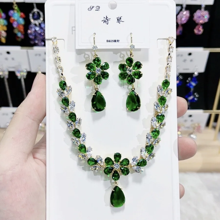 Bulk Order Stones Red Color Crystal Necklace Earring Sets For Wedding Dress Love Jewelry Set