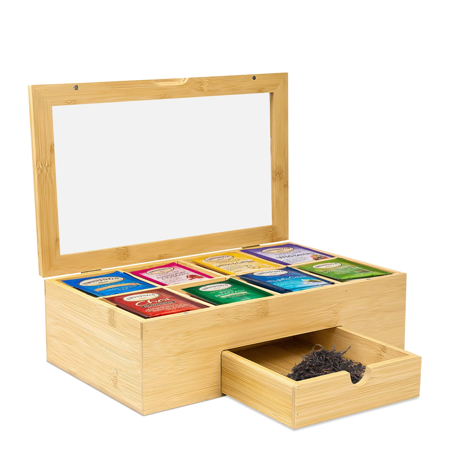 GL 6 Compartments High Quality Natural Bamboo Tea Bag Organizer Box,Tea Holder for Tea Bags Organizer With Drawer