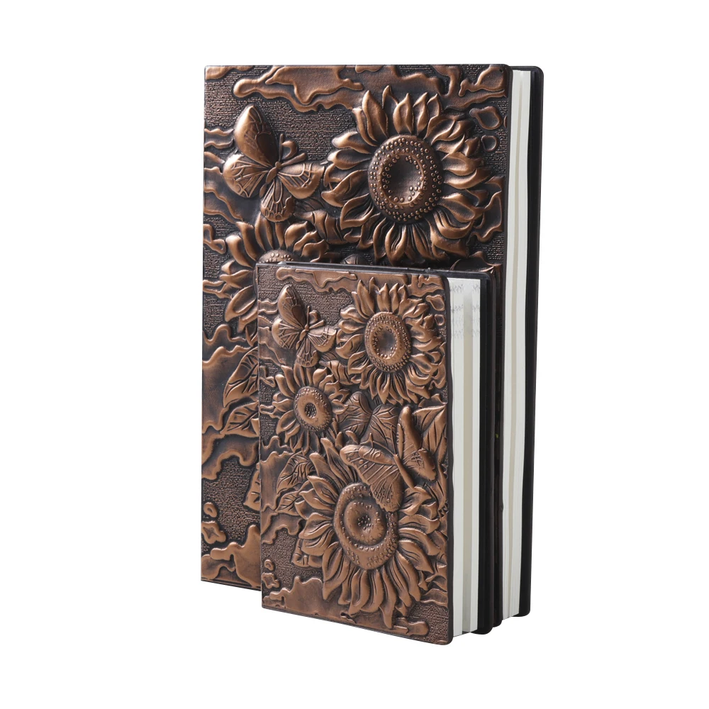 Antique A6 Pocket Mini Journal Diary, Sunflower Creative 3D Embossed PU Leather Notebook - Copper