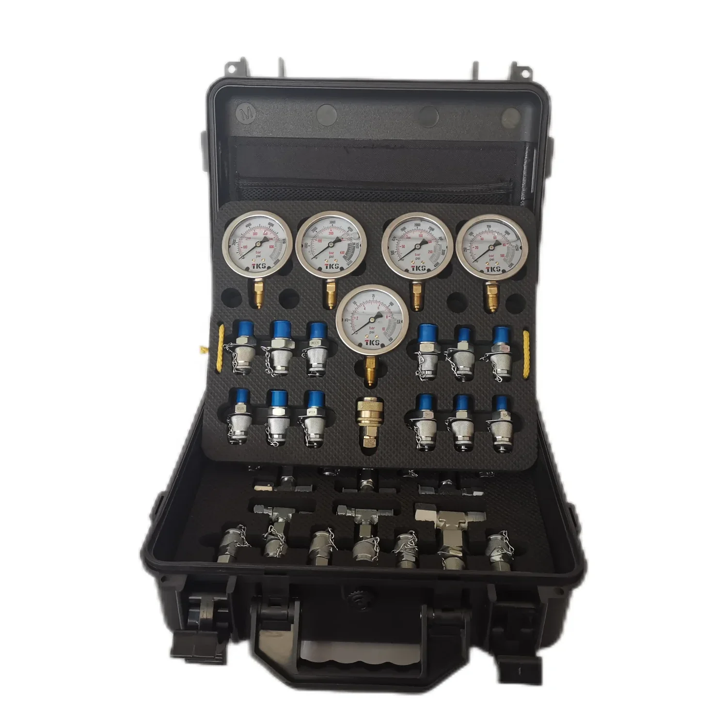 TKS Hydraulic Pressure Test Kit 5 Gauges for Excavators Pressure Gauge Set Diagnostic Tools Stainless Steel Case box