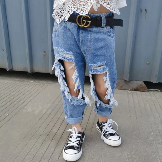 
SE3323 Kids Girls Boys Hole Jeans Ripped Big Hole Children Pants Fashion Broken Kids Jeans For Girls 