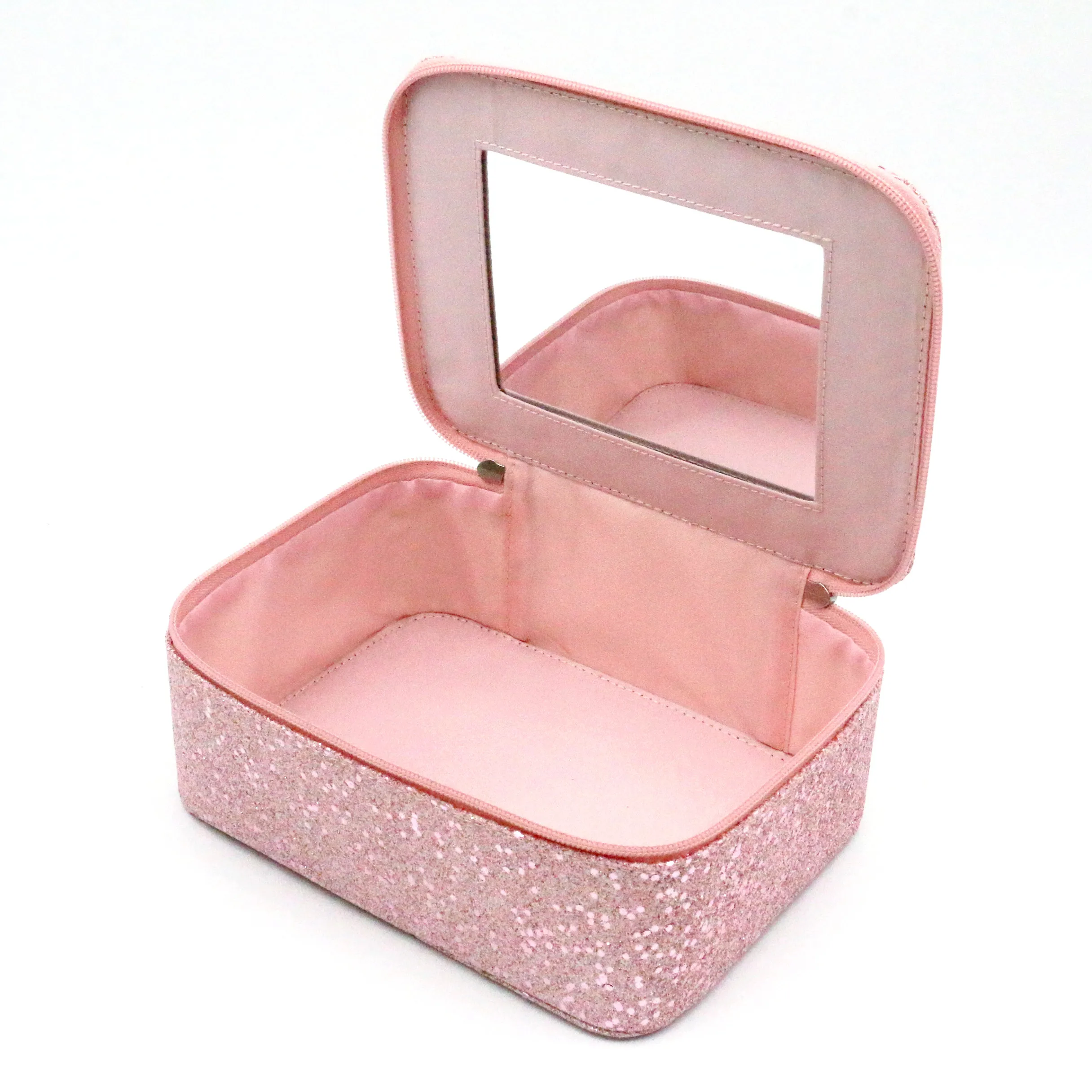 2022  Vanity Open Top Mirror Makeup Vanity Case Glitter PU Light Rose Pink Square Shape Waterproof PU Cosmetic Bags Case