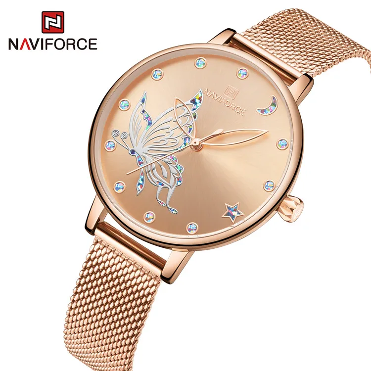 NAVIFORCE 5011 Brand Women Watches Fashion Ladies Quartz Watch Bracelet Set Fancy Butterfly Dial Luxury Rose Gold Mesh Watch