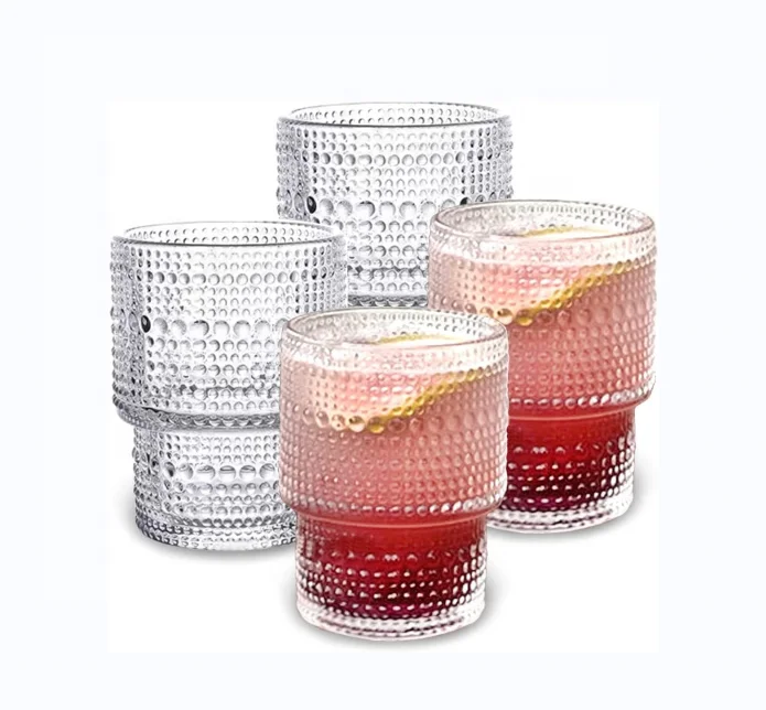 6oz Vintage Glassware Set of 4 Small Raindrop Origami Style Transparent Cocktail Glasses Set Beaded Detailing Pattern