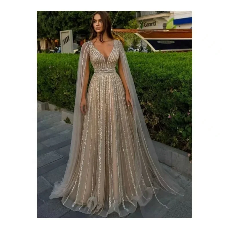 Роскошные арабские вечерние платья с V-образным вырезом рукавами-накидкой блестками вышивкой на спине и бантом элегантные для матери невесты