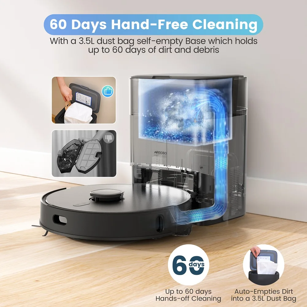 AIRROBO NO Zone Custom Mop Robot Vacuums Water Mop Carpet Floor Cleaning Sweeping Self Emptying 60 Days Cordless Robot Cleaner