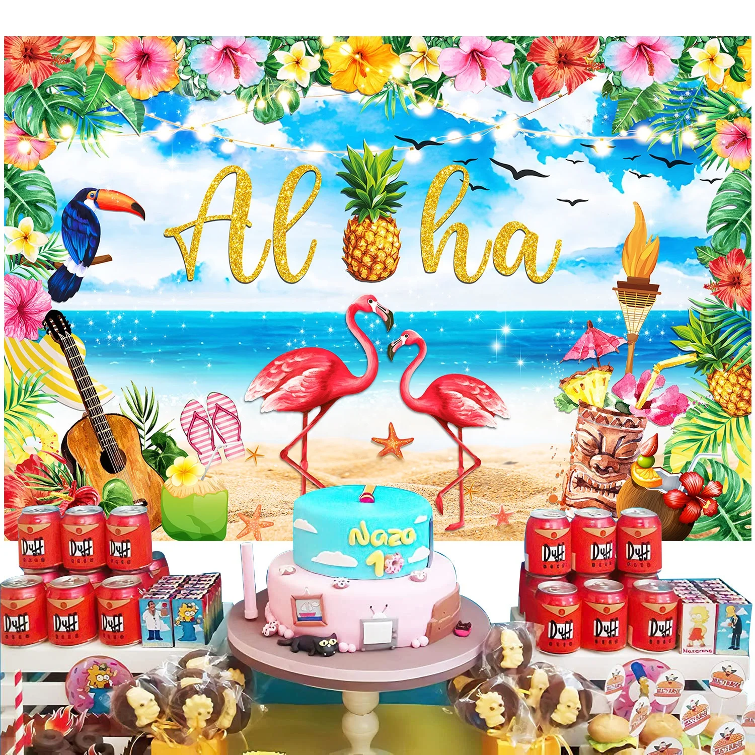 Hawaiian Luau Party Decoration Background Summer Flamingo Aloha Party Backdrop for Birthday Party