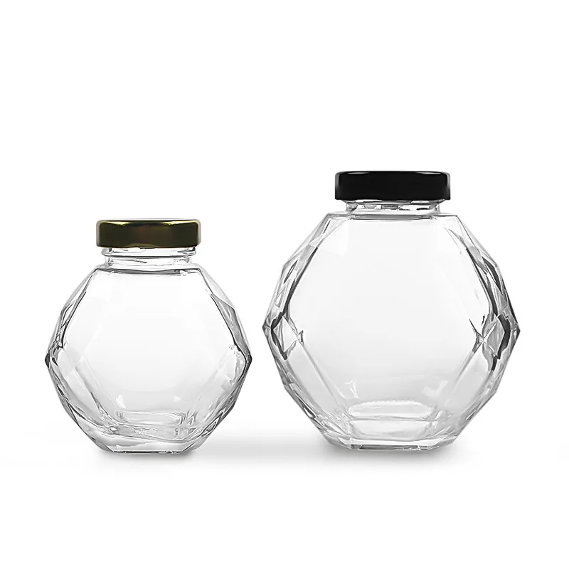 Luxury Top Grade Food Glass Honey Jelly Jam Jars Containers With Lid Diamond Shape 180ml 380ml