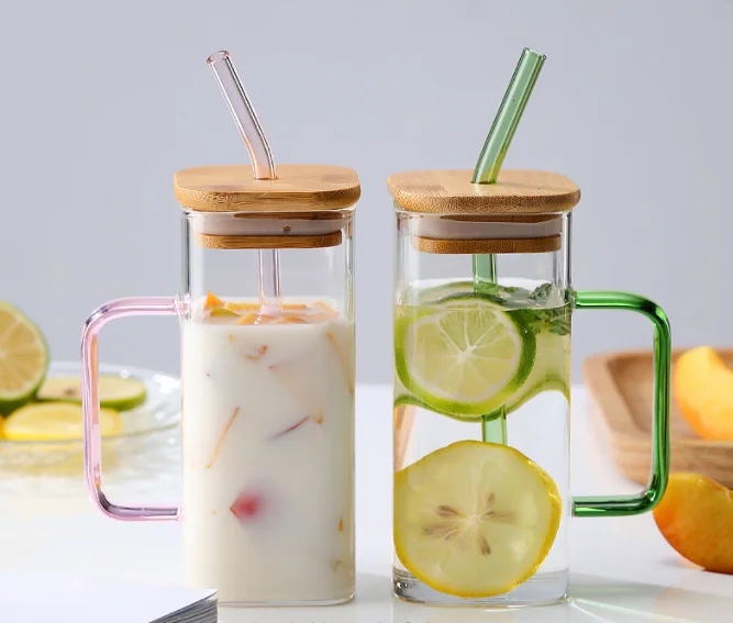 Cheapest price multicolor square shape clear heat resistant juice milk cup glass water bottle