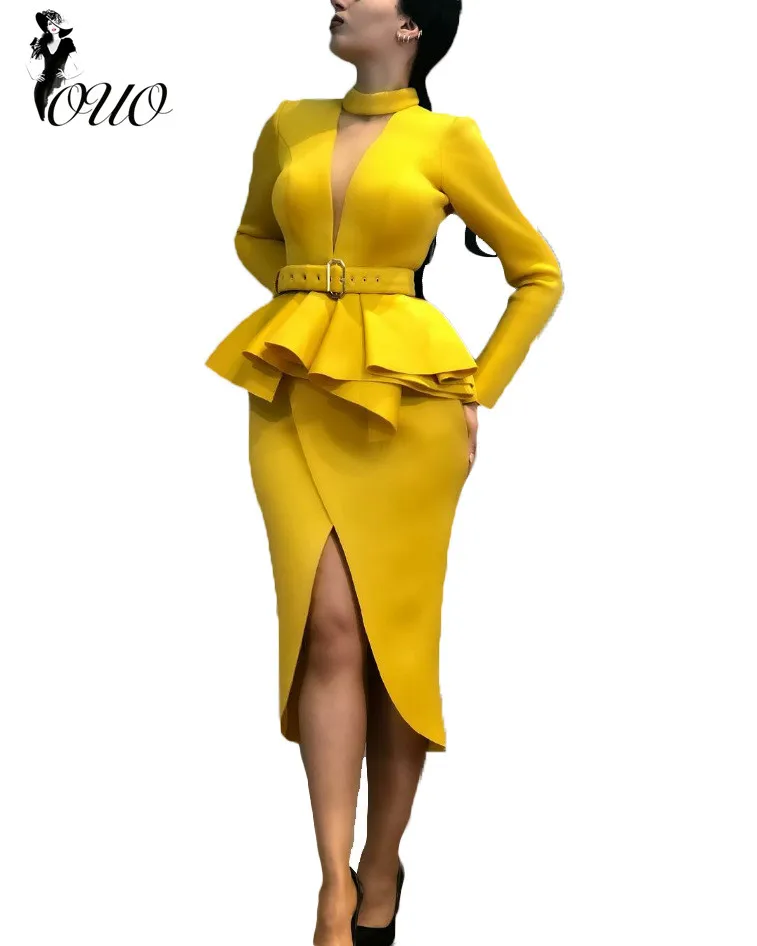 
High class V neck office lady popular slit design solid color long sleeves dresses OC47 