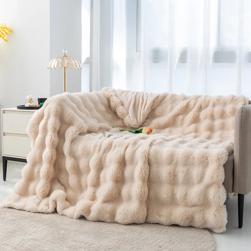 Soft Stylish Luxury Warm Embossed Tie Dye Ruched Bubbly Rabbit Faux Fur Minky Throw Blankets For Winter