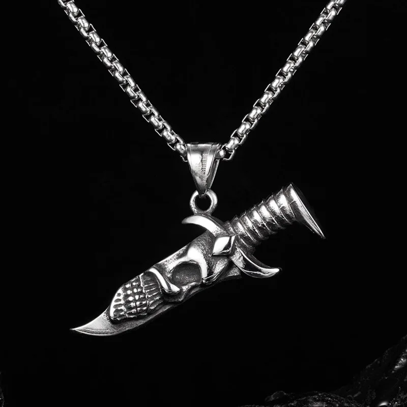SC Stainless Steel Chain Men Necklace Creative Dagger Necklace Silver Plated Simple Engraved Knife Necklace Punk Jewelry for Men