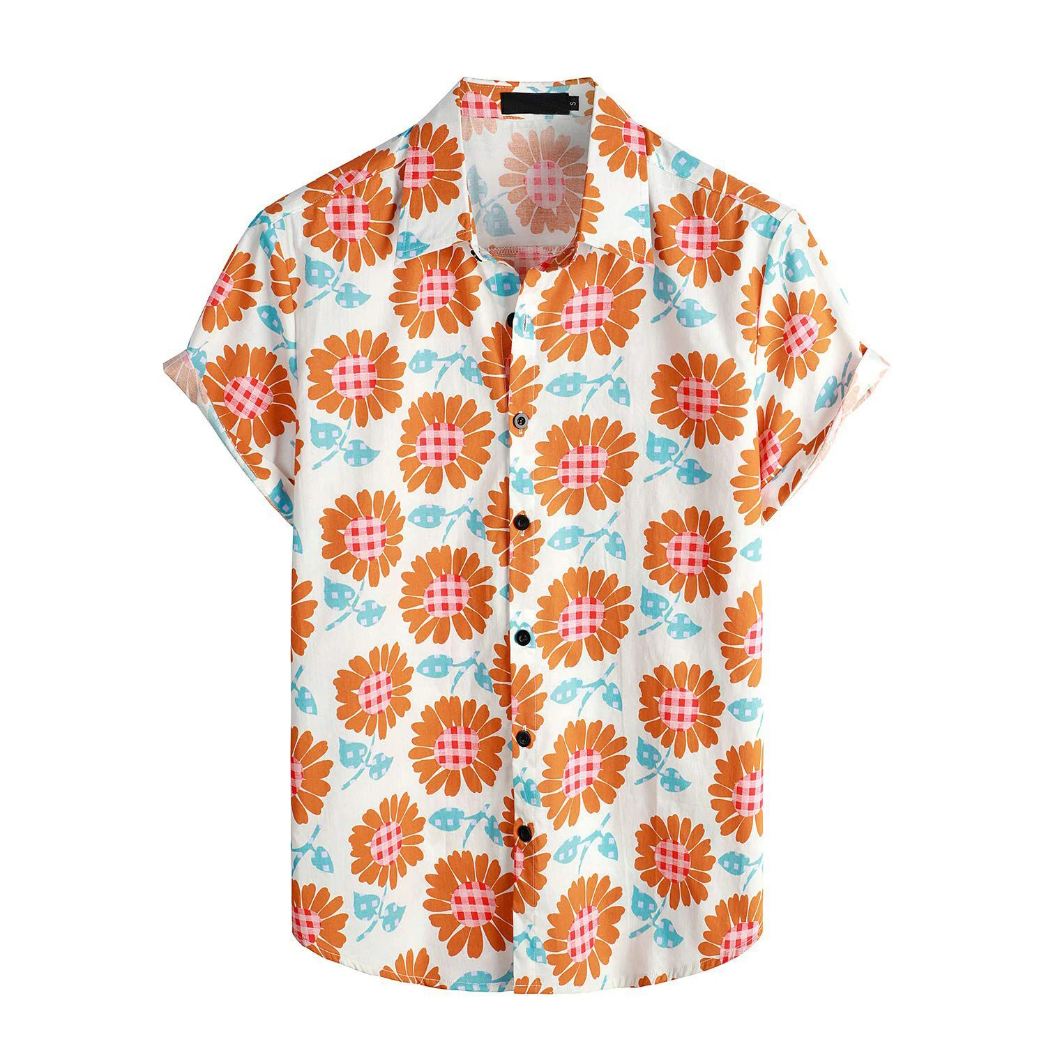 Custom OEM Sunflower Left And Right Symmetry Mens 100% Cotton Hawaiian Shirts Casual Aloha Beach Shirts
