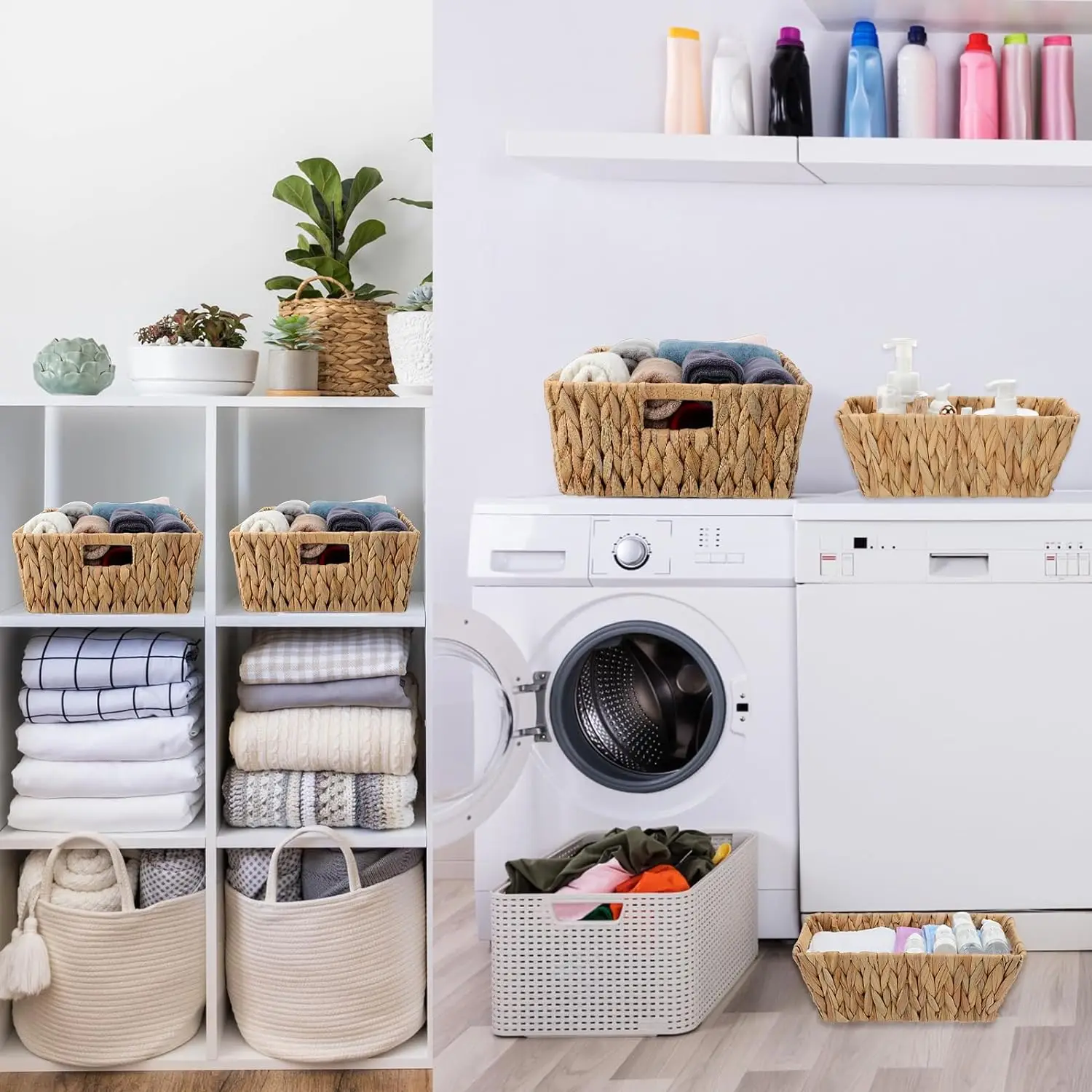 Small Wicker Basket Bulk Woven Water Hyacinth Baskets for Organizing Baskets with Built in Handles for Kitchen Bathroom Shelf