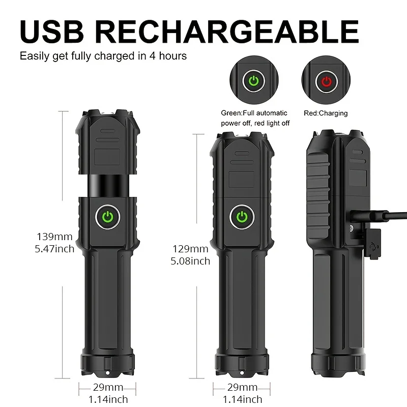 LED Flashlight Zoomable ABS Torch Light Portable USB Rechargeable Waterproof Flash Light