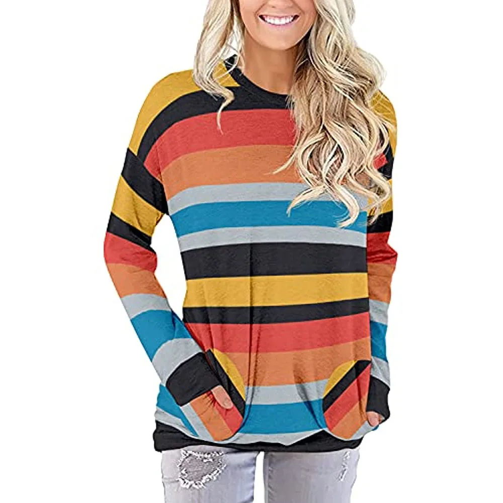 Shinesia женские футболки больших размеров с длинным рукавом, в цветную полоску; 2 боковых кармана свободные легкие модные повседневные футболки на заказ