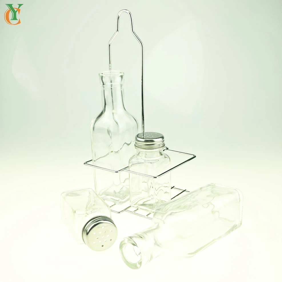 200ml transparent glass oil vinegar bottle and 80ml glass spice jar total four pcs rack set  kitchen