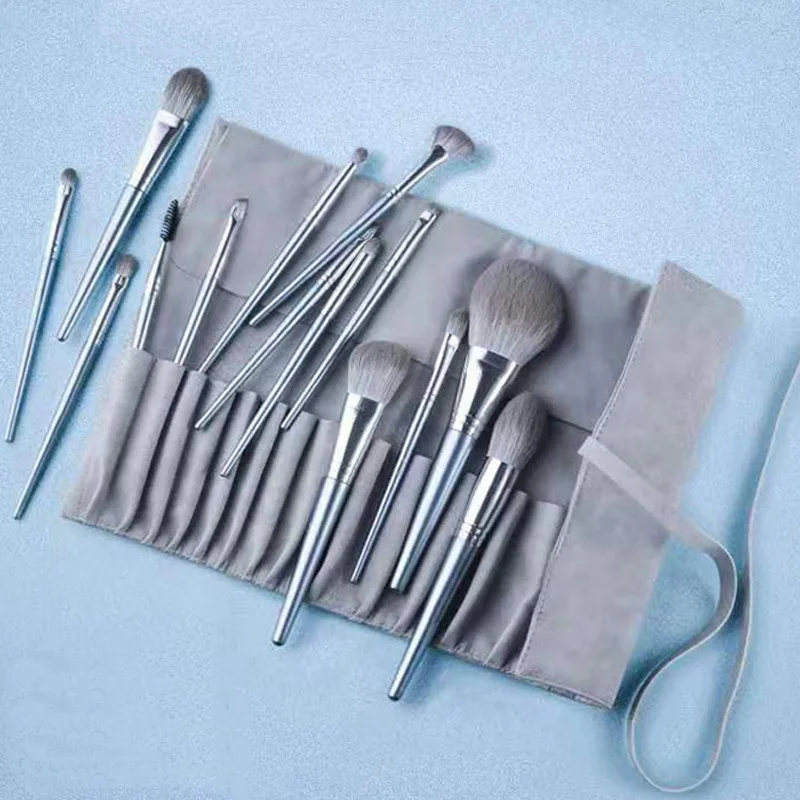 2024 14pcs new beauty make up brush set silver customized logo Synthetic fibre makeup brush set with bag