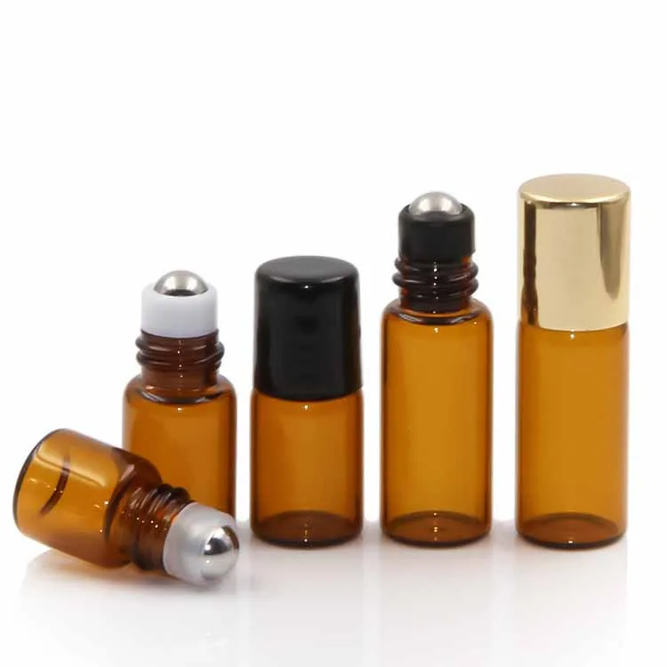 1ml 2ml 3ml 5ml Mini Amber Glass Essential Oil Roll on Bottle For Perfume with Stainless Steel Roller Ball Black Caps