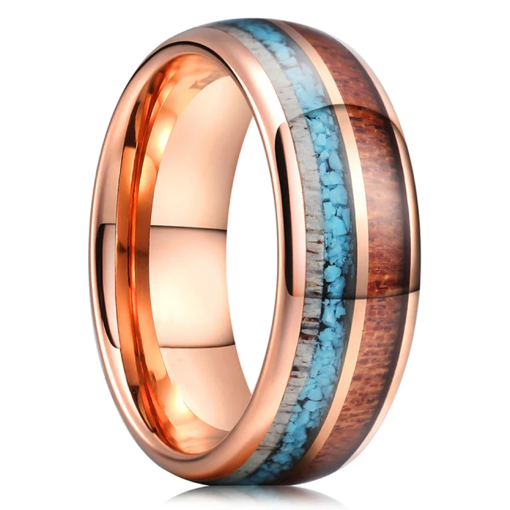 Ouyuan Jewelry Wholesale 8mm Tungsten Ring Men Women Fashion Engagement Wedding Band Antlers Turquoise Koa Wood Inlay