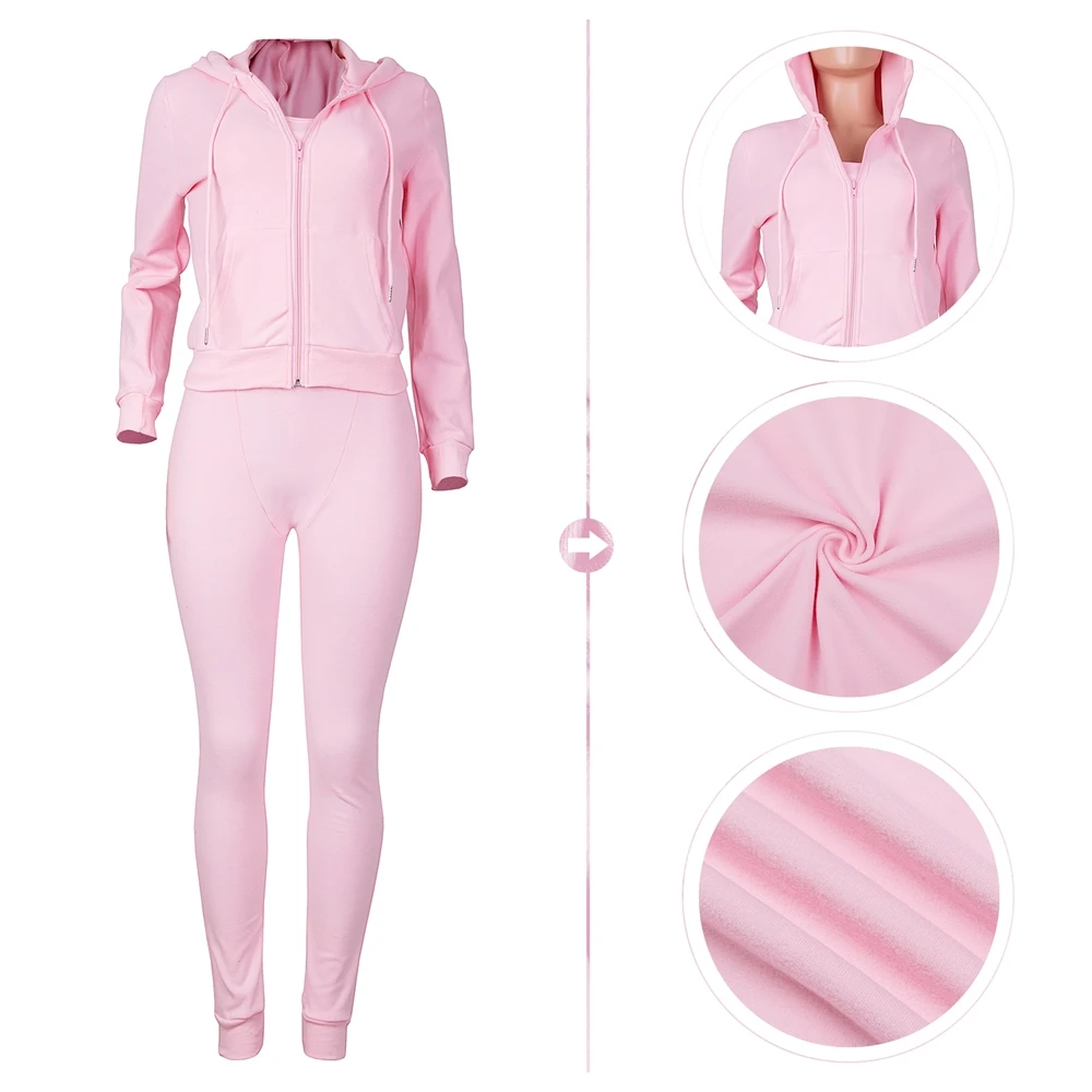 QY 2023 New Arrivals Streetwear Bodysuit Tracksuits Pink Hoodie Sweat Set Vest Short Sweatshirt Pants 3 Two Piece Set For Women