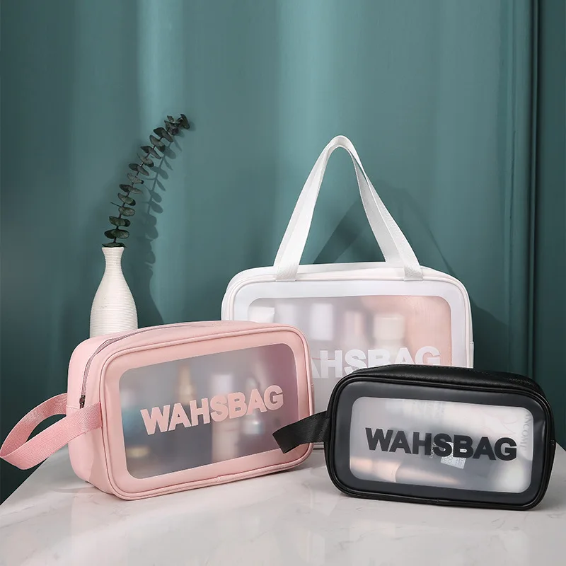 PU Transparent Three Piece Makeup And Wash Bag Large Capacity PVC Bath Bag Semi Transparent Frosted Portable Storage Bag