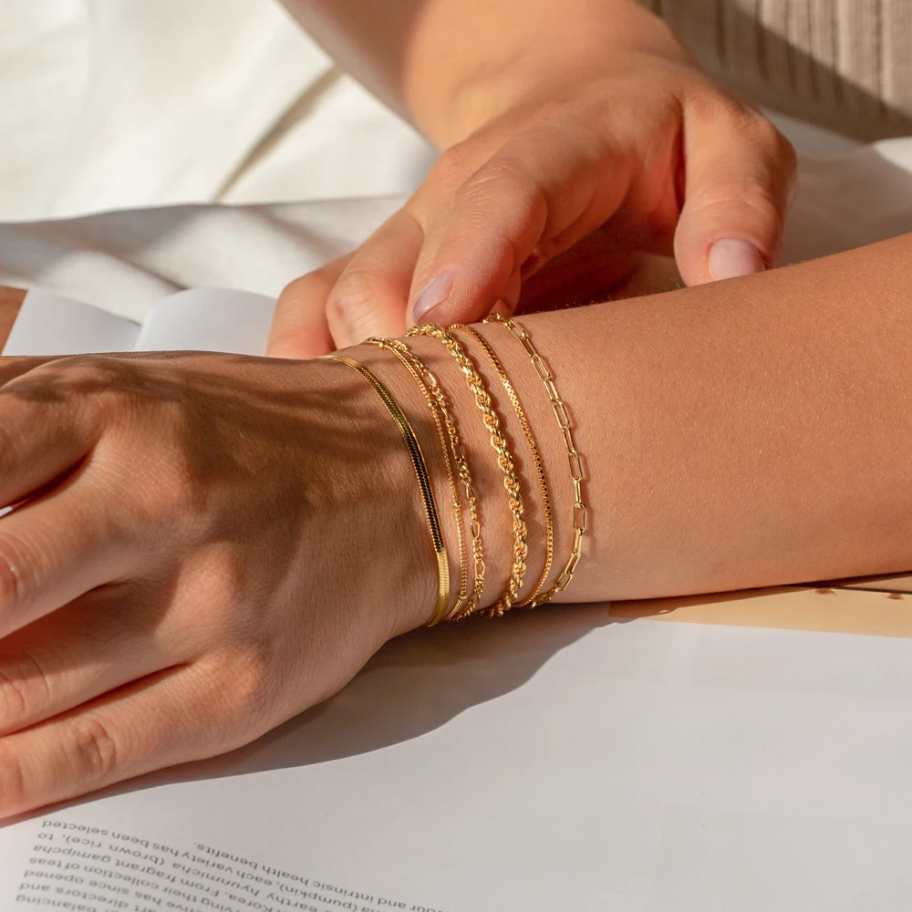 Minimalist Dainty 18k Gold Plated Stainless Steel Herringbone Bracelet Femme Paperclip Rope Box Chain Bracelets Women Everyday J