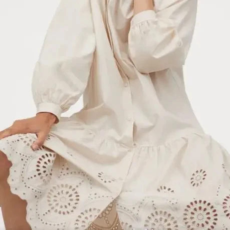 High Quality Cotton Eyelet Embroidery Lace Fashion Girl Casual Shirt Dresses