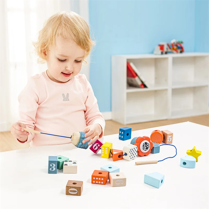 TopBright Multi-color and multi-shape toddler threading toy with wooden handle and rope educational toy for kids