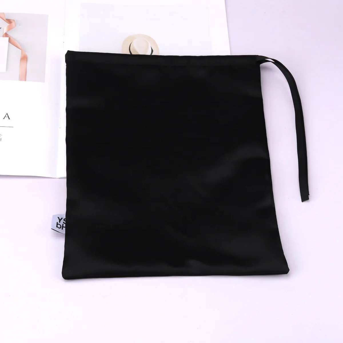 Custom Logo Label Black Thick Satin Gift Shoe Packaging Bag Drawstring Luxury Satin Dust Shoe Pouch