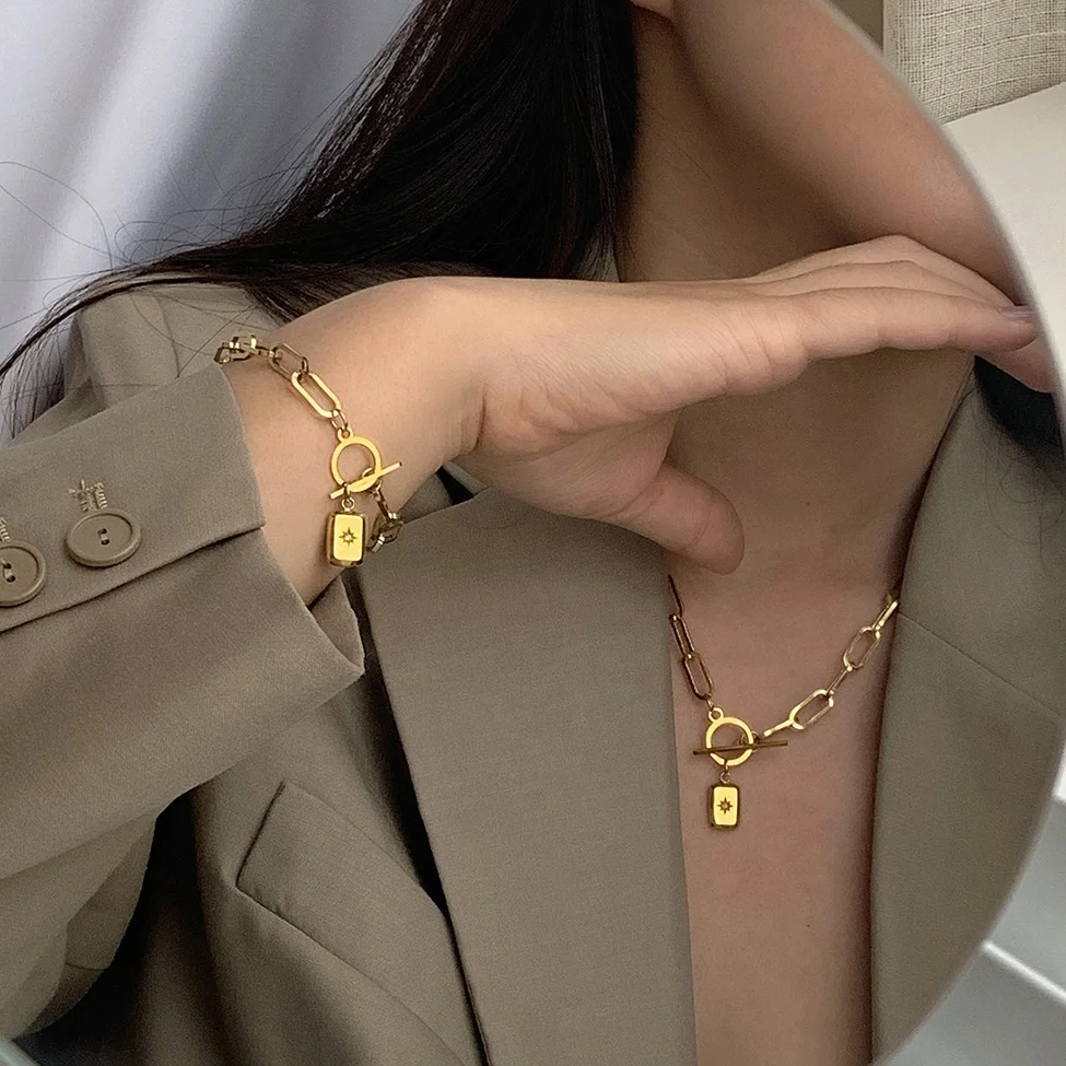 Stainless Steel Bar Circle Eight Pointed Star Bracelet Necklace Square Medallion Paper Clip Chain Necklaces Women Jewelry Set